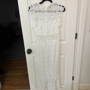 Petal & Pup White Midi Sheath Dress with Flutter Sleeves and Mock Neck